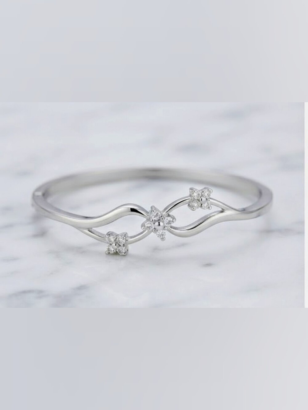 Danecraft Platinum Tone Tarnish-Free Floral Crystal Hinged Bangle Bracelet
